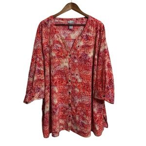 Catherines top women's 4X red geometric abstract Aztec button up career festival